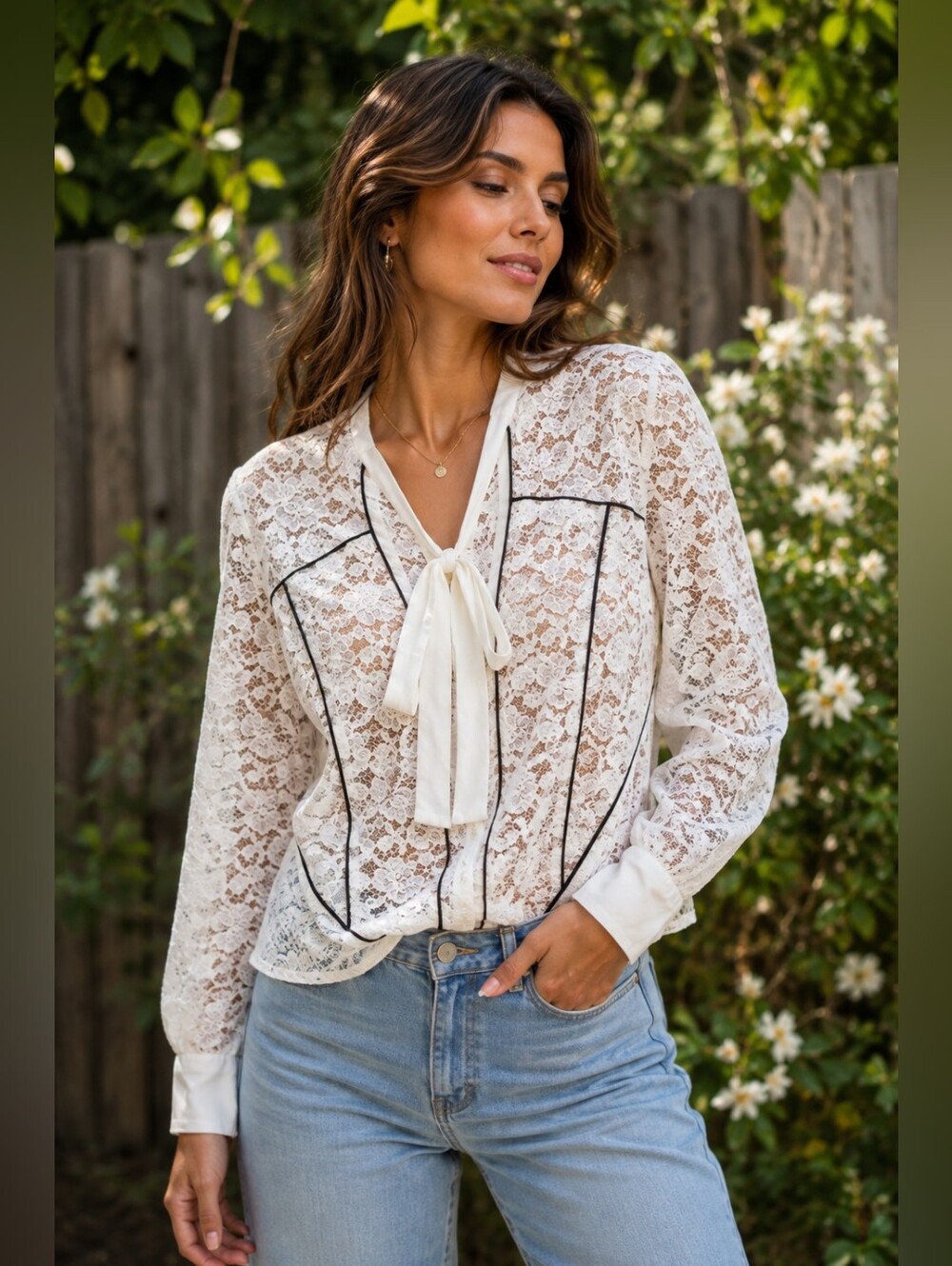 Bisou Bisou Cream Floral Lace Long Sleeve Blouse Black Trim Medium